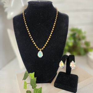 Silver Gunmetal Necklace with AB Crystal Teadrop and Matching Earrings Set